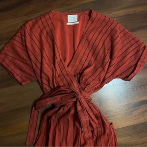 Urban Outfitters Red & Black Striped Gabrielle Linen Midi Wrap Dress | Size: M